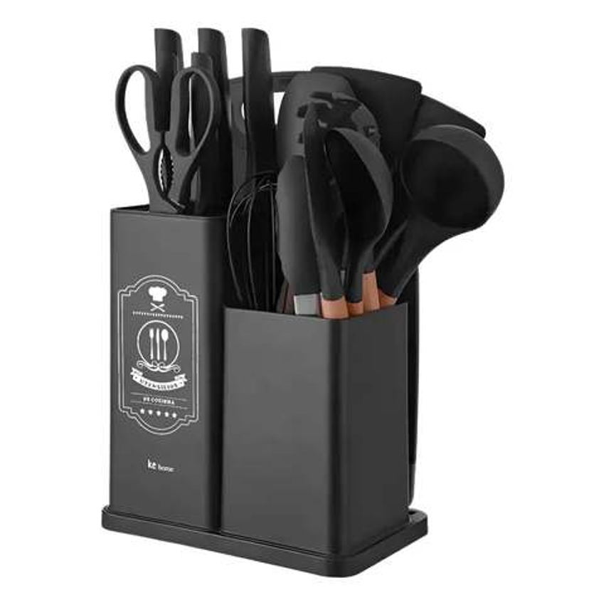 Jogo de Utensílios 19 Peças em Silicone Preto com Cabos de Madeira 32cm Resistentes ao Calor Design Moderno com Balde Organizador e Acessórios Inclusos – Ke Home