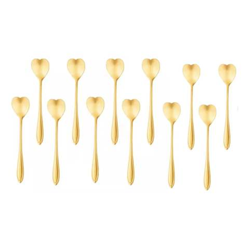 Kit Jogo 12 Colheres Café Chá Sobremesa Coração Inox Dourada Dourado