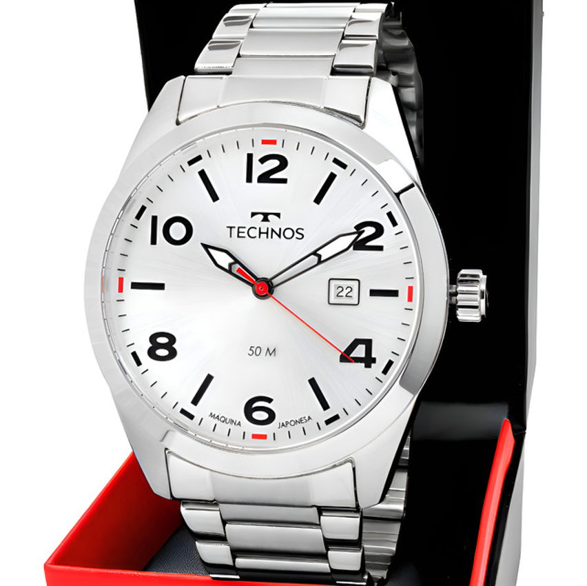 Relógio Technos Masculino Militar Prateado Em Aço Fundo Branco Com Iluminator 2115typ/1k