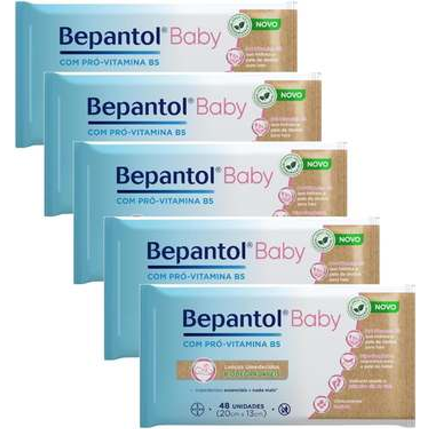 Kit com 5 Lenços Umedecidos Biodegradável 48un Cada Bepantol