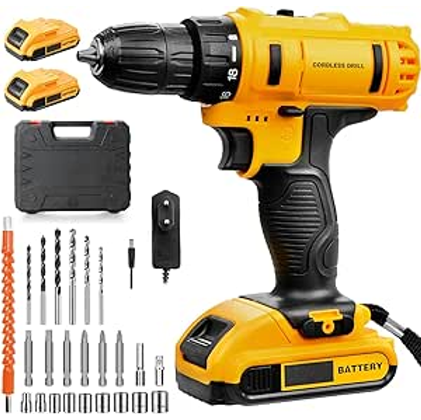 Blackultra Parafusadeira e Furadeira à Bateria 21V Conjunto de Furadeira Elétrica Sem Fio com Bateria e Carregador, Kit de 24 Acessórios e Maleta, Luzes LED, 2 Baterias, Amarelo (21V)