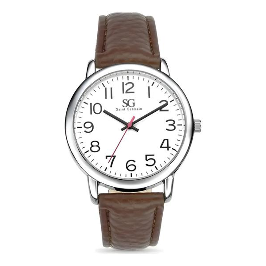 Relógio Masculino Chrowl Prateado Saint Germain Correia De Couro Marrom Caixa Prateada Fundo Branco 40mm Elegante Clássico