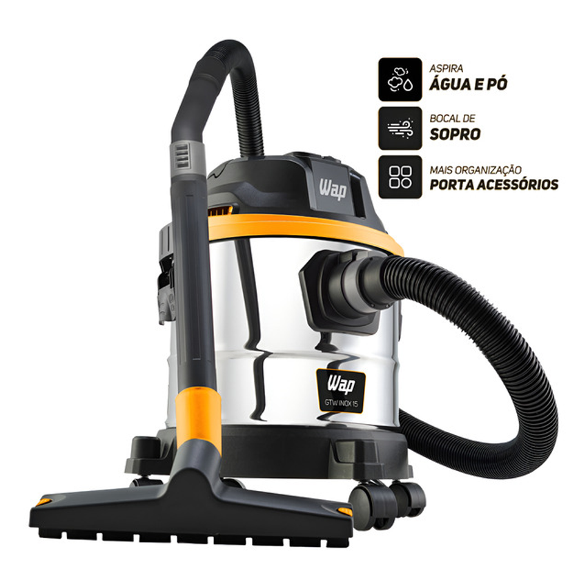 Aspirador De Pó E Água Wap Gtw Inox 15 Barril 1700w Com Bocal De Sopro E Acessórios