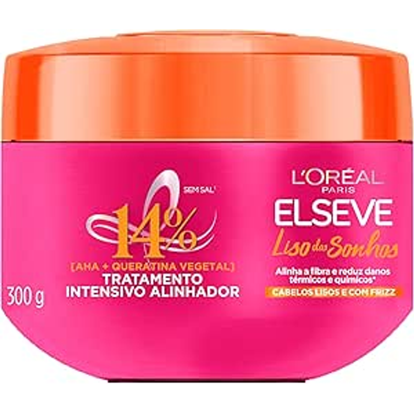 L'Oréal Paris Elseve Liso dos Sonhos Creme de Tratamento com Queratina Vegetal e AHA, Alinhamento Capilar, Controle de Frizz e Reparação de Danos Químicos e Térmicos, 300g