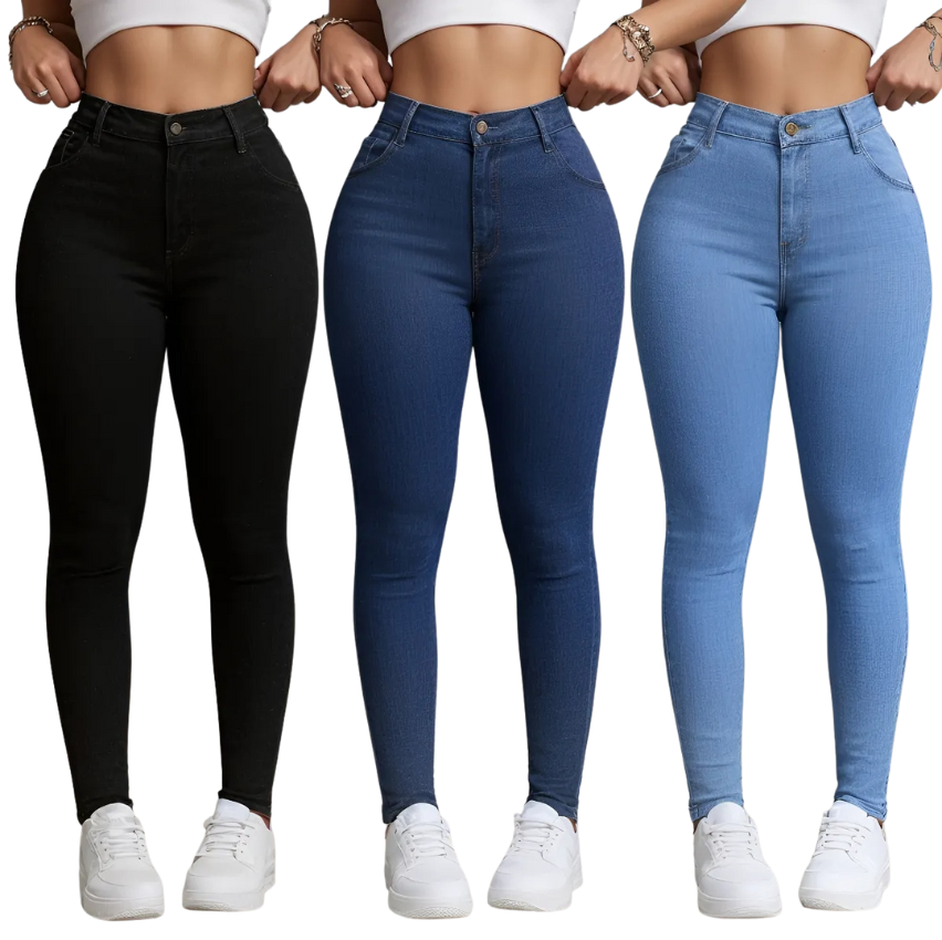 Kit 3 Calça Jeans Feminina Skinny Com Elastano Cintura Alta