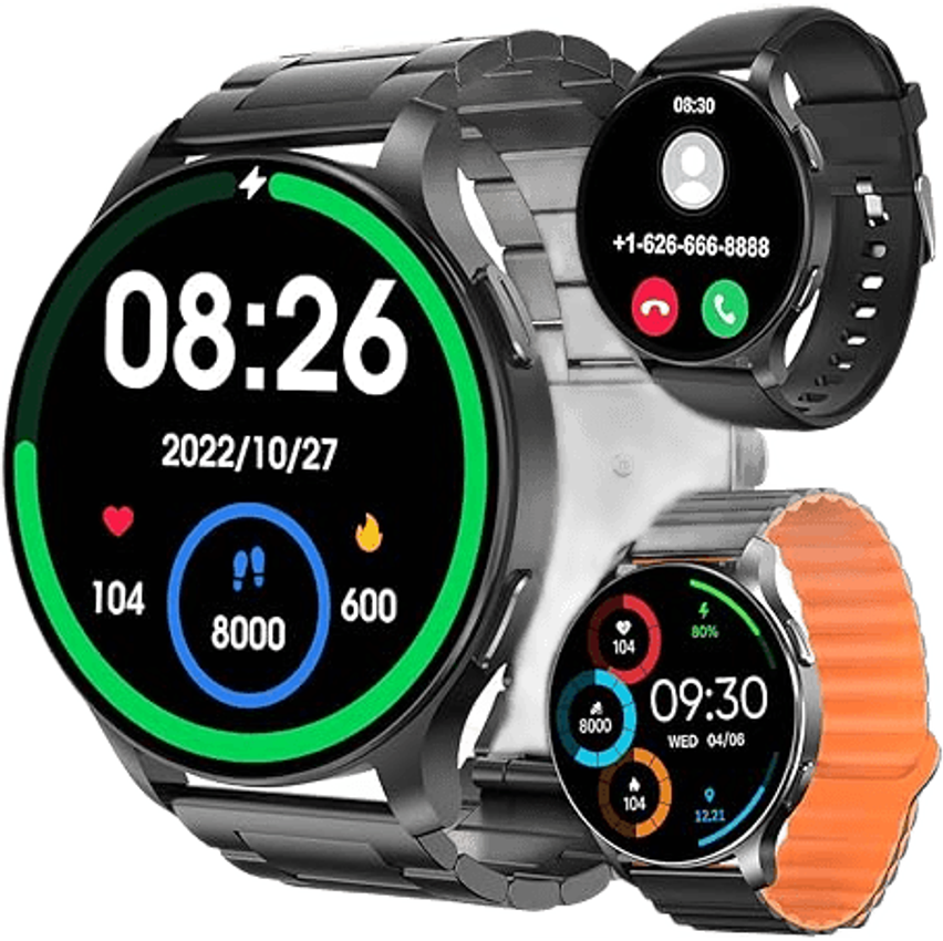 Smartwatch com Tela Full Touch 1.45", IP68, Compatível com iOS e Android, 120+ Modos Esportivos e Recebimento de Notificações, Faz e Recebe Ligações, Assistente de Voz, Unissex, 3 Pulseiras (Preto)