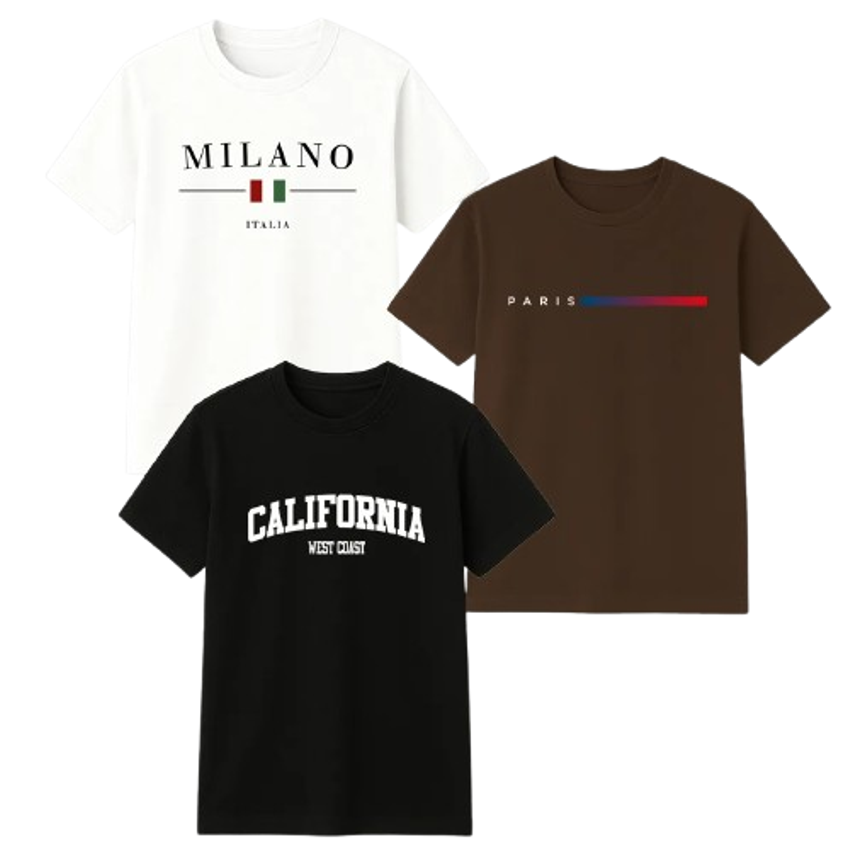 Kit 3 Camisetas Algodão Milano Paris Califórnia Masculina