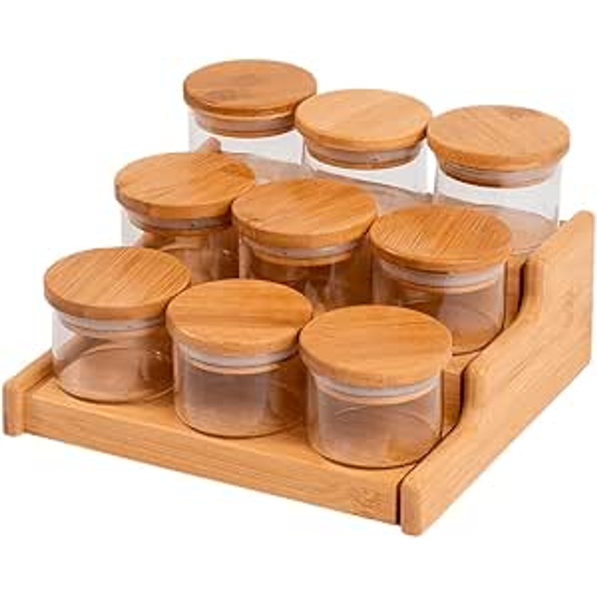 Oikos - Kit 9 Potes Hermético 110ml com Tampa de Bambu e Rack Organizador de Bambu