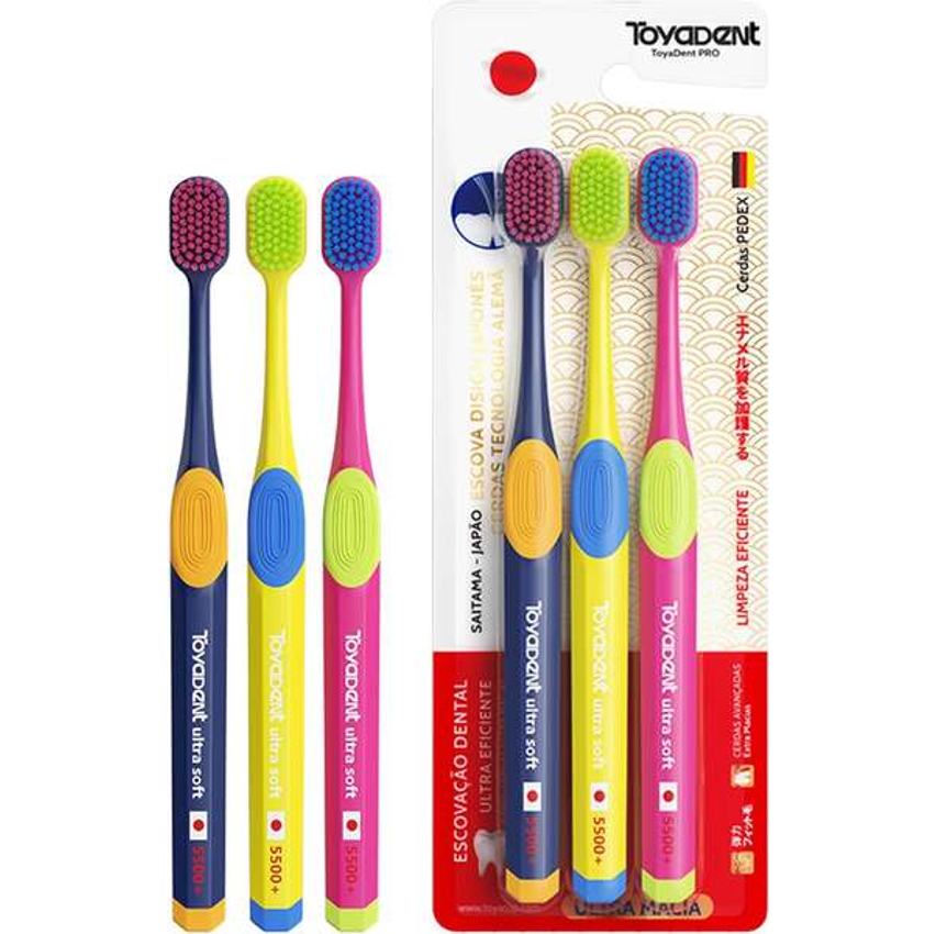 TOYADENT PRO Escova de Dente Macia Premium Alemãs da Pedex, Adulto, Cerdas Extra, 5500 Cerdas, 3 Unidades Multicolorida