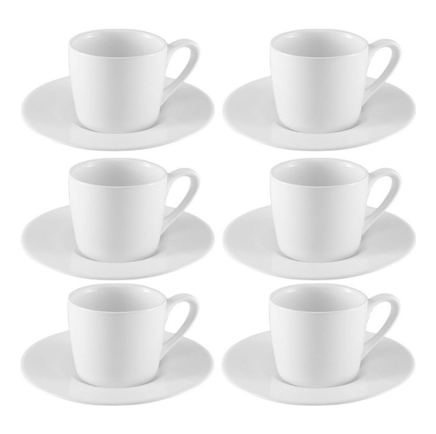 Jogo Xícaras Café Com Pires Porcelana Branca 12 Peças 