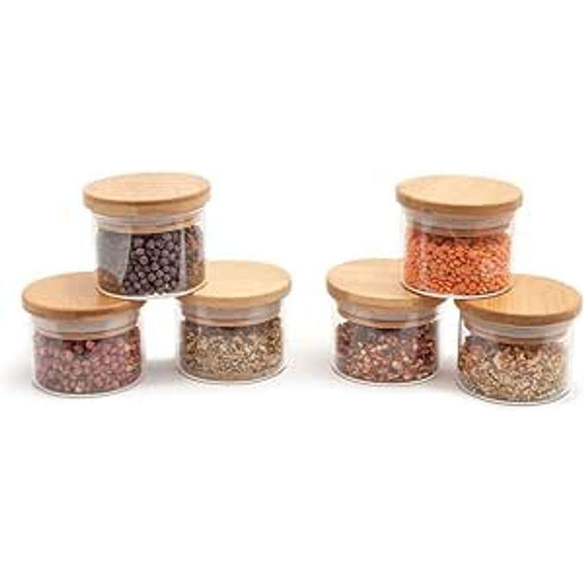 Oikos - Kit 6 Potes de Vidro 110ml com Tampa de Bambu Hermético Redondo para Tempero