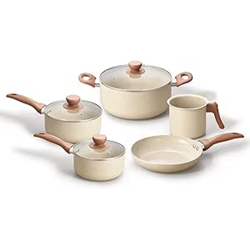 Oikos - Jogo com 5 Panelas Antiaderentes de Revestimento Cerâmica com Tampa de Vidro Terrara Bege com 5 Camadas para Fogão a Gás, Elétricos, Cerâmicos e Halogênio