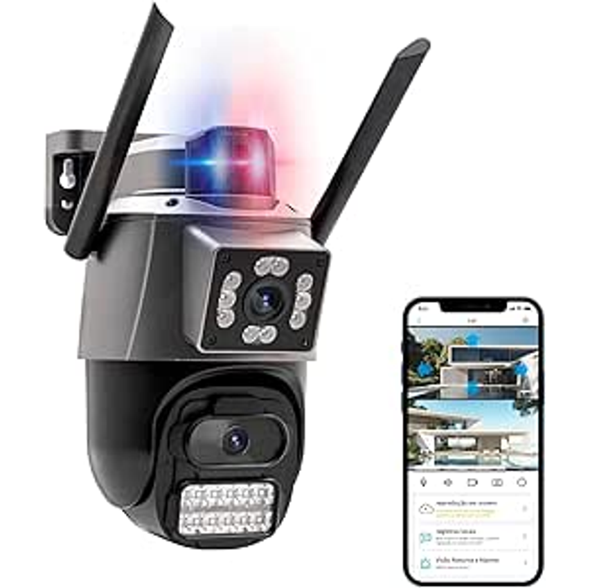 Câmera IP Sem Fio de Segurança Externa HD 3MP, Câmera de Visão Noturna Infravermelha WiFi, Dupla Lente Grande Angular, IP66 à Prova D'água e à Prova de Poeira, Luz de Advertência