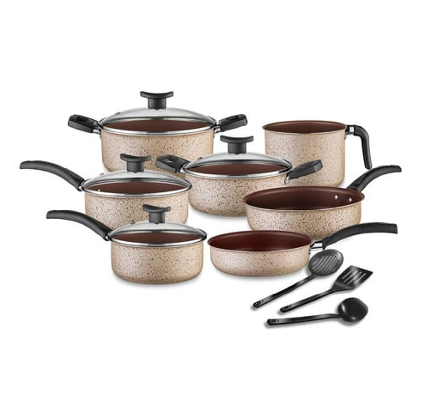 Conjunto De Panelas Antiaderente 10 Peças Teflon Linha Coffee Cappuccino Tampa De Vidro