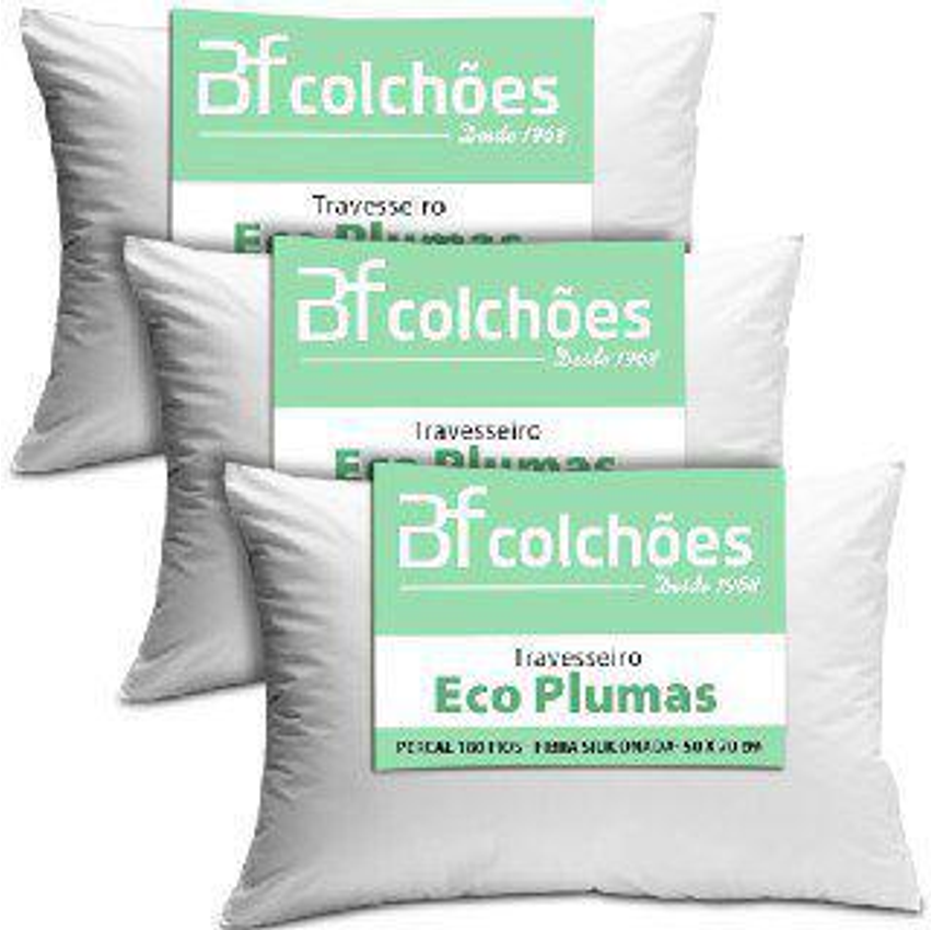 Kit 3 Travesseiro Antialérgico Percal 180 Fios Ecoplumas Fibra Siliconada Macio Lavável 50x70x14cm BF Colchões