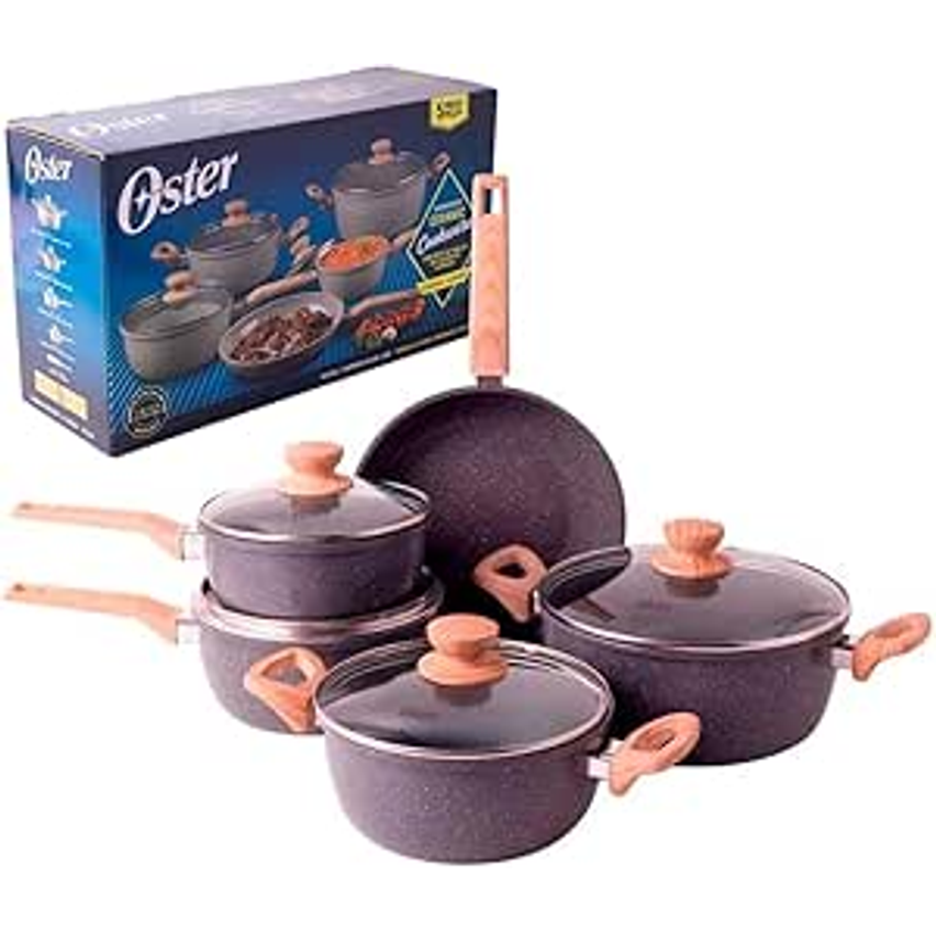 OSTER Conjunto de Panelas Antiaderentes 5 Peças Marble Edition - Jogo de Panela e Frigideira, Construção em Alumínio e Revestimento Duplo de Cerâmica, Alças e Cabos Revestidos em Silicone - Dark Grey