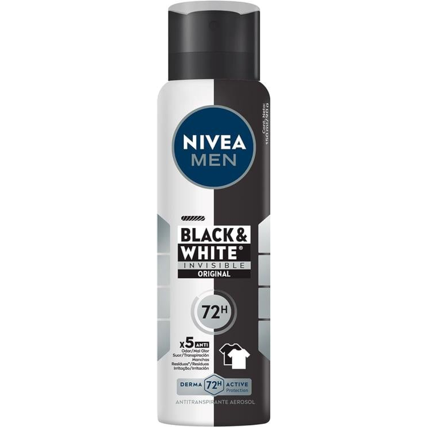 NIVEA MEN Desodorante Masculino Antitranspirante Aerossol Black & White Invisible Original 200ml - Protege por 72h e evita manchas nas roupas