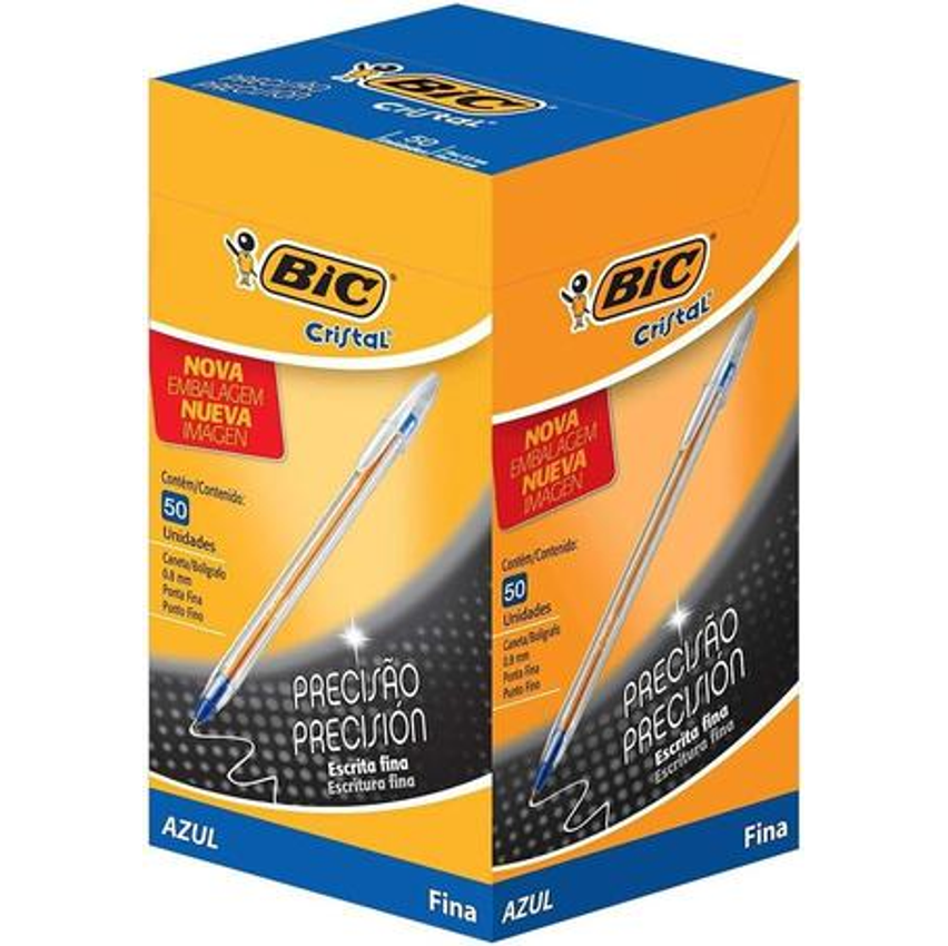 Bic, Caneta Esferográfica Escrita Fina, Cristal Fina, Azul, 50 Unidades