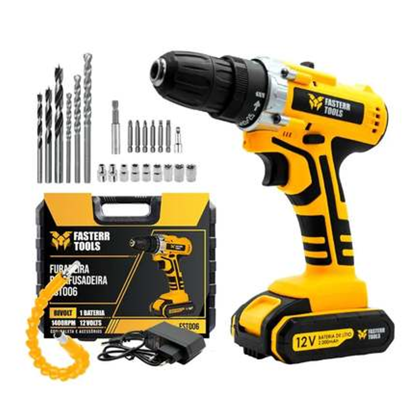 Furadeira Parafusadeira ⅜” 12v C/ 13 Acessórios E Maleta Fasterr - Fst009