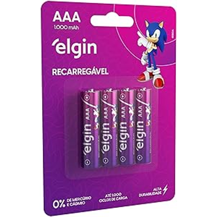 Pilha recarregável AAA 1000mAh Elgin com 4 unidades Palito