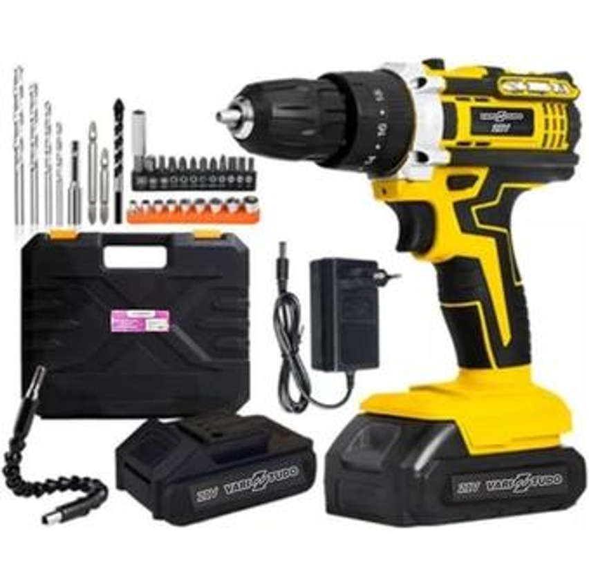 Furadeira e Parafusadeira de Impacto Sem Fio 21V Bivolt LED 2 Baterias Recarregáveis Kit Completo com 32 Acessórios - Vari Tudo