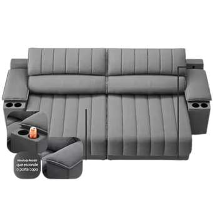 Sofá com Porta Copos Carregador USB Ret Rec Murano 2,00m Velosuede Grafite - NETSOFAS