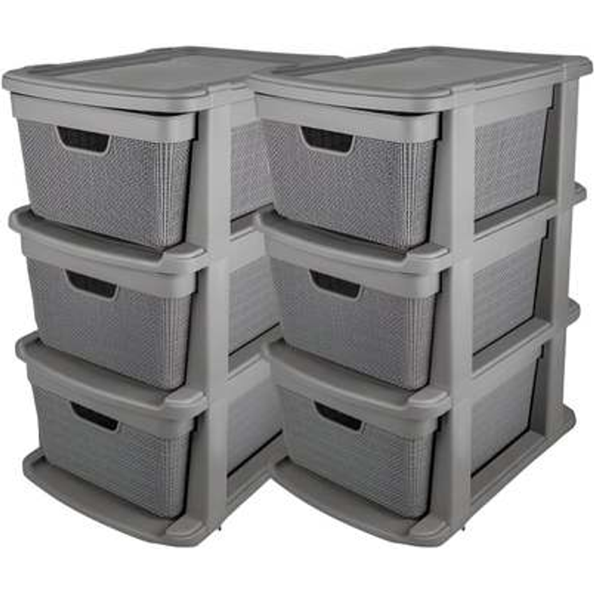 Kit 2 Gaveteiro Organizador Grande de Chão 15 Litros com 3 Gavetas em Plástico Juta (2 Cinza)