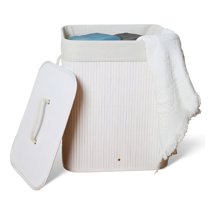 Cesto De Roupa Suja De Bambu Com Tampa E Alças 50 Litros