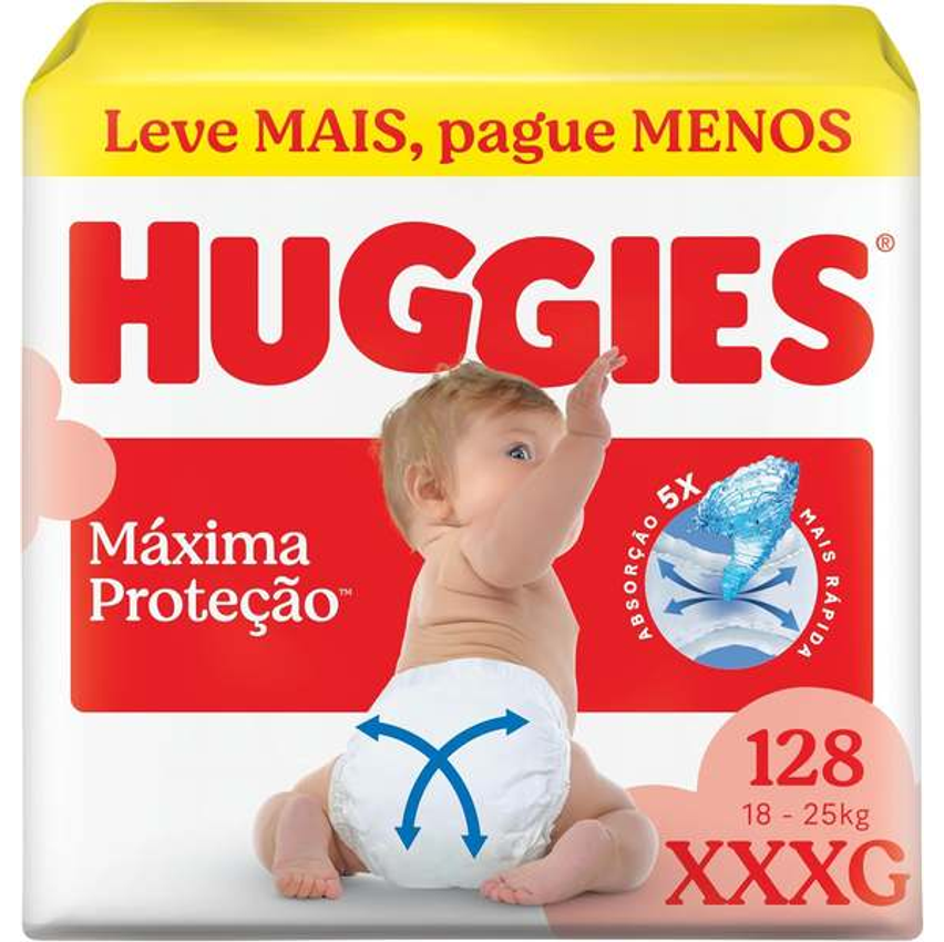 Fralda Descartável Huggies Máxima Proteção Tamanho XXXG 128 unidades – Fralda com tecnologia Xtra-Flex, canais em X que se adaptam aos movimentos e máxima proteção