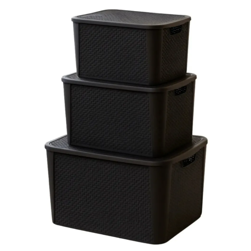 Kit 3 Caixas Organizadoras Rattan Preta Pequena Média Grande Cinza