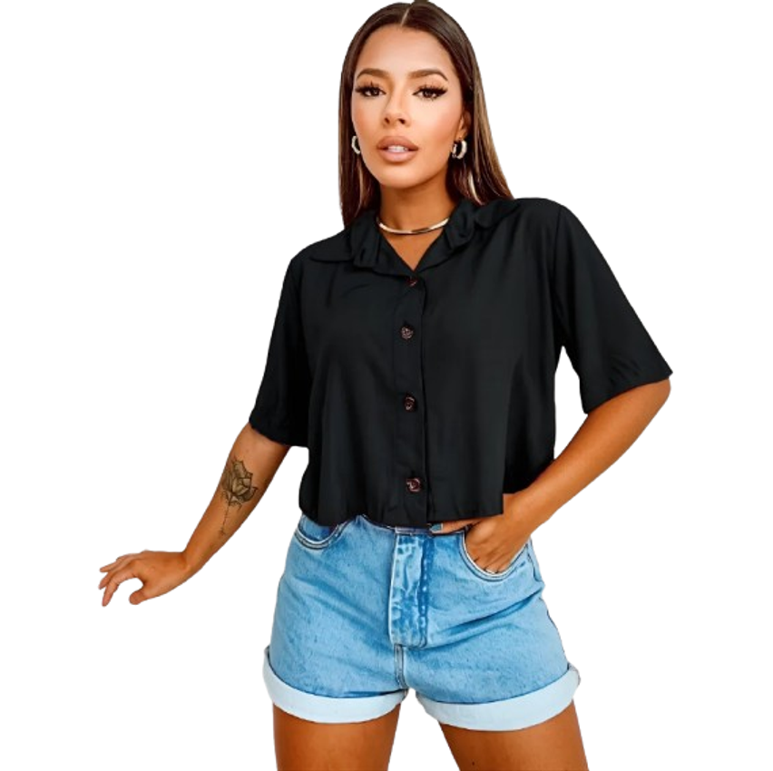 Blusinha Feminina Camisa Social Cropped Botões Manga Curta