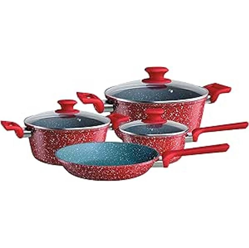 Euro Home, Alu8709-vo, Conjunto De Panelas Colorstone 4 Peças De Alumínio Com Antiaderente E Tampa De Vidro, Volcano, Vermelho