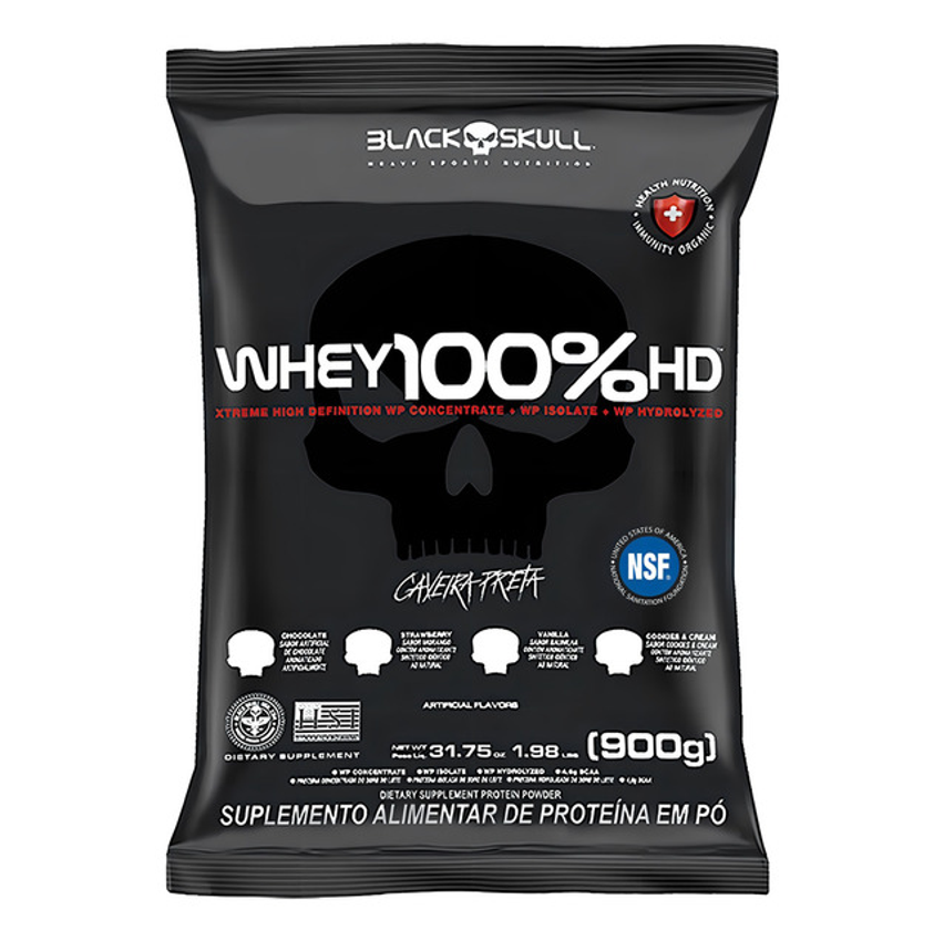 Whey 100% Hd Refil Black Skull - 900g (wpc, Wpi E Wph) Sabor Morango - Morango
