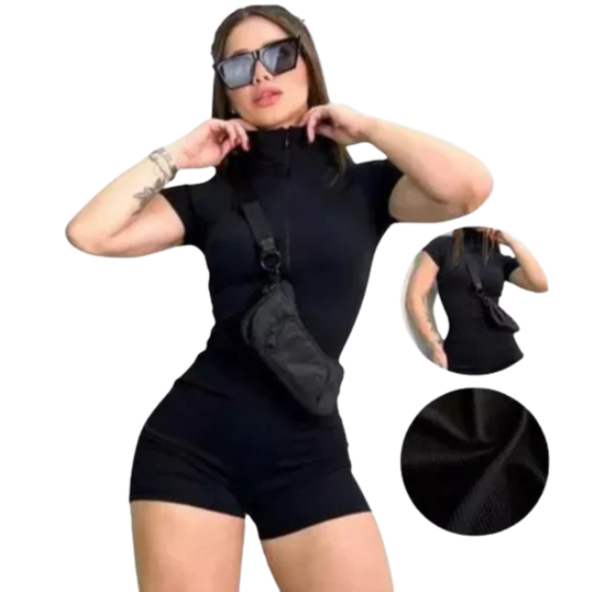 Macaquinho Feminino Moda Gringa Curto Ziper Academia Fitness