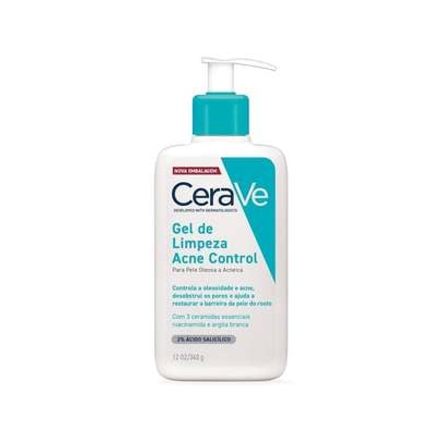 Gel De Limpeza Acne Control 340g Cerave Para Pele oleosa a acneica de Dia e Noite