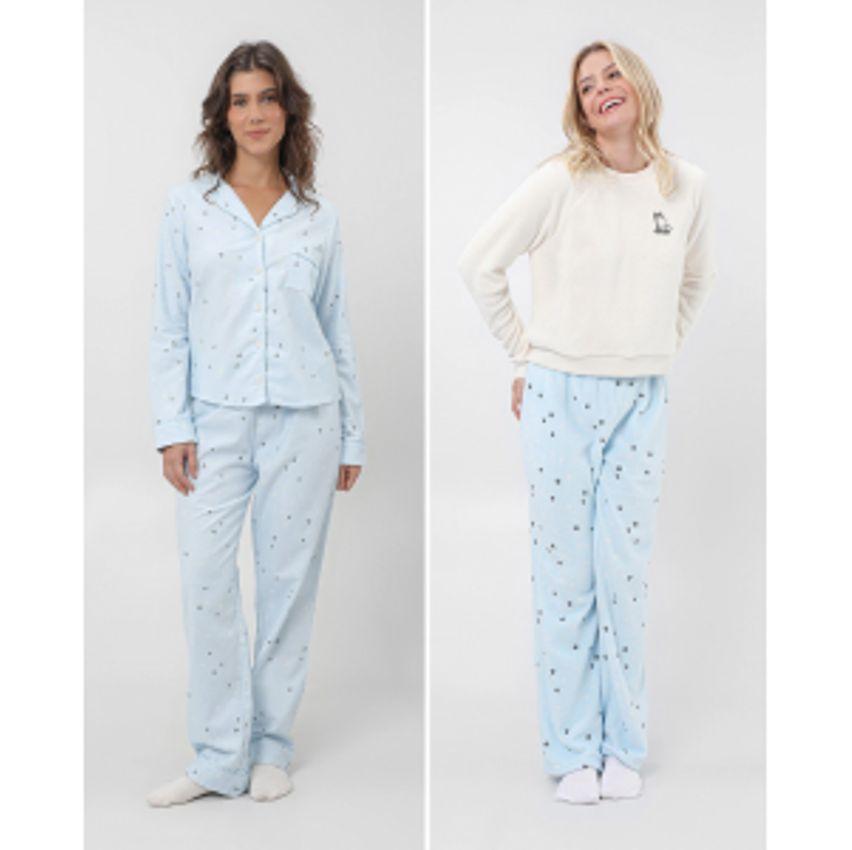 Kit pijama longo feminino 4 peças fleece flanelado multicor |