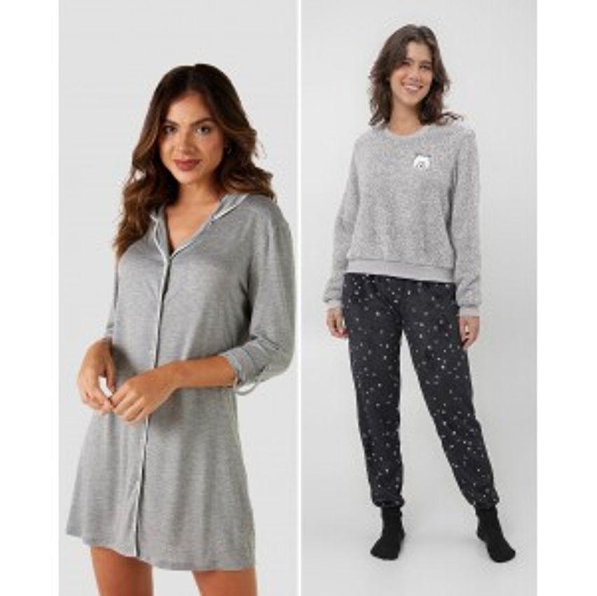 Kit pijama longo feminino em fleece + camisola americana multicor |