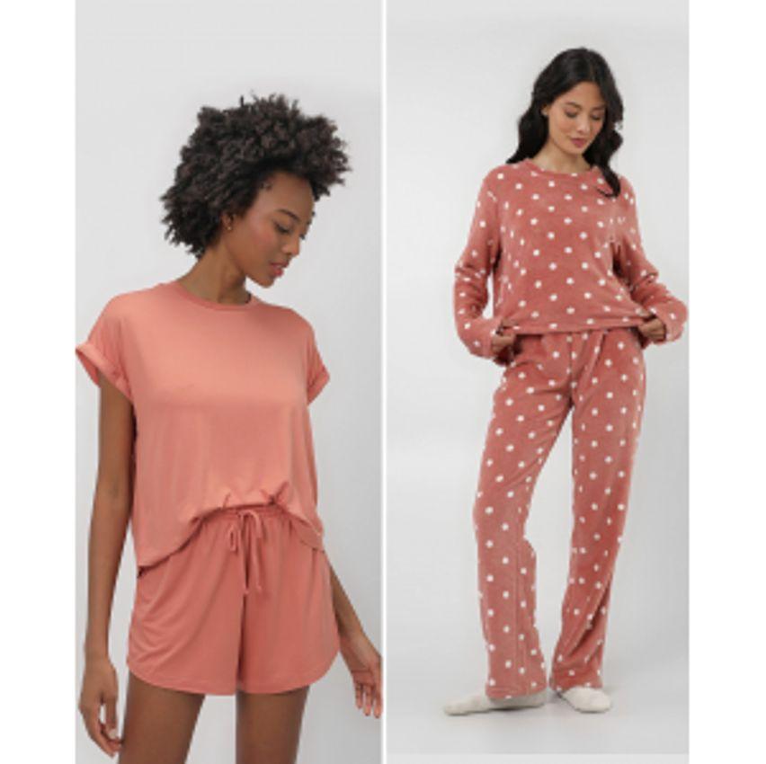 Kit pijama feminino 4 peças liso e poá rosa |
