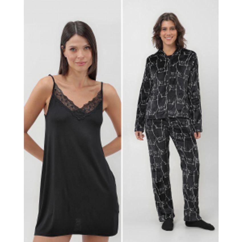 Kit pijama longo feminino fleece + camisola decote V preto |
