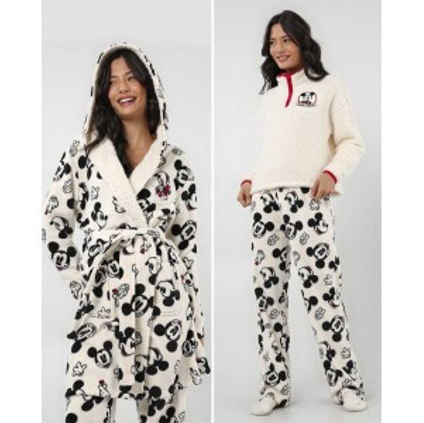 Kit pijama longo feminino + robe em fleece Mickey branco | Disney