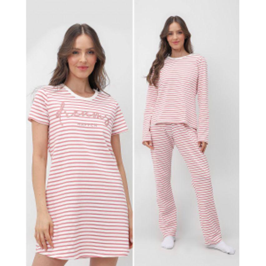 Kit pijama longo feminino + camisola listrada branco |